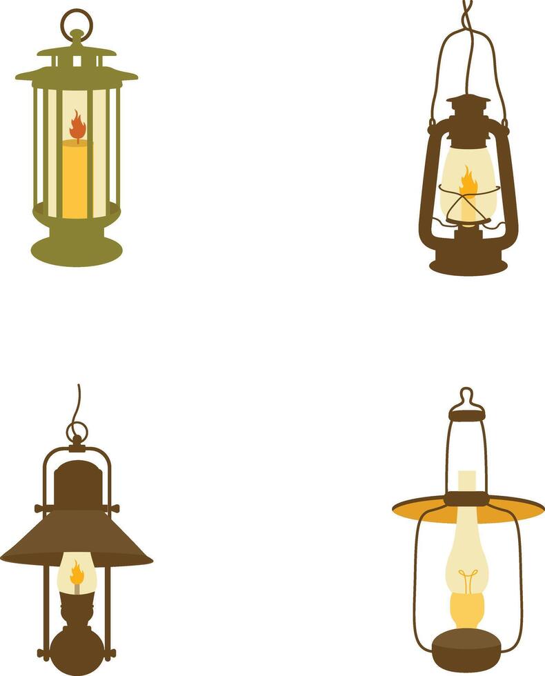 Set of Camping Lantern Lamp Illustration. Vintage Cartoon Design. vector