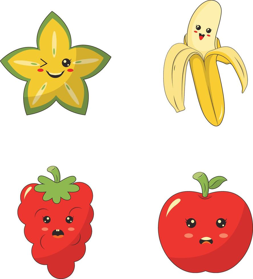 Collection of Different Kawaii Fruit Mascot. Cute Cartoon Character. Vector Illustration