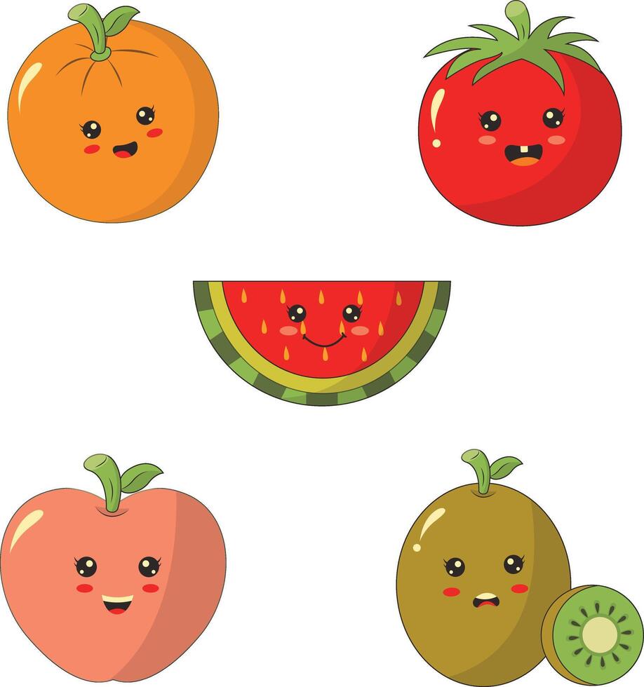 Collection of Different Kawaii Fruit Mascot. Cute Cartoon Character. Vector Illustration