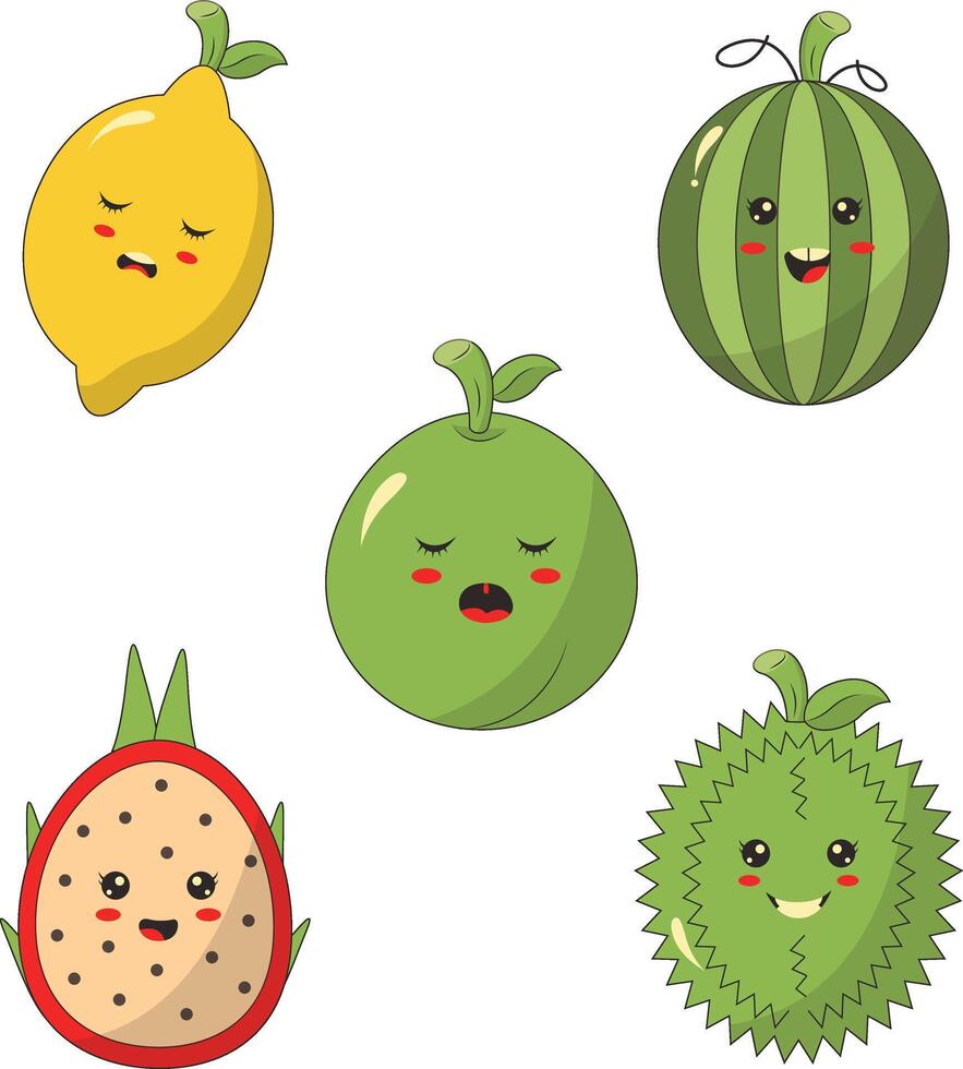 Collection of Different Kawaii Fruit Mascot. Cute Cartoon Character. Vector Illustration