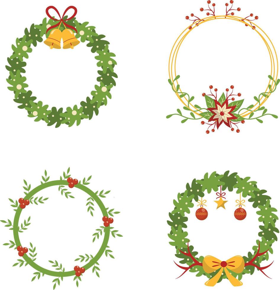 Christmas Wreath Ornament on White Background. Vector Illustration Set