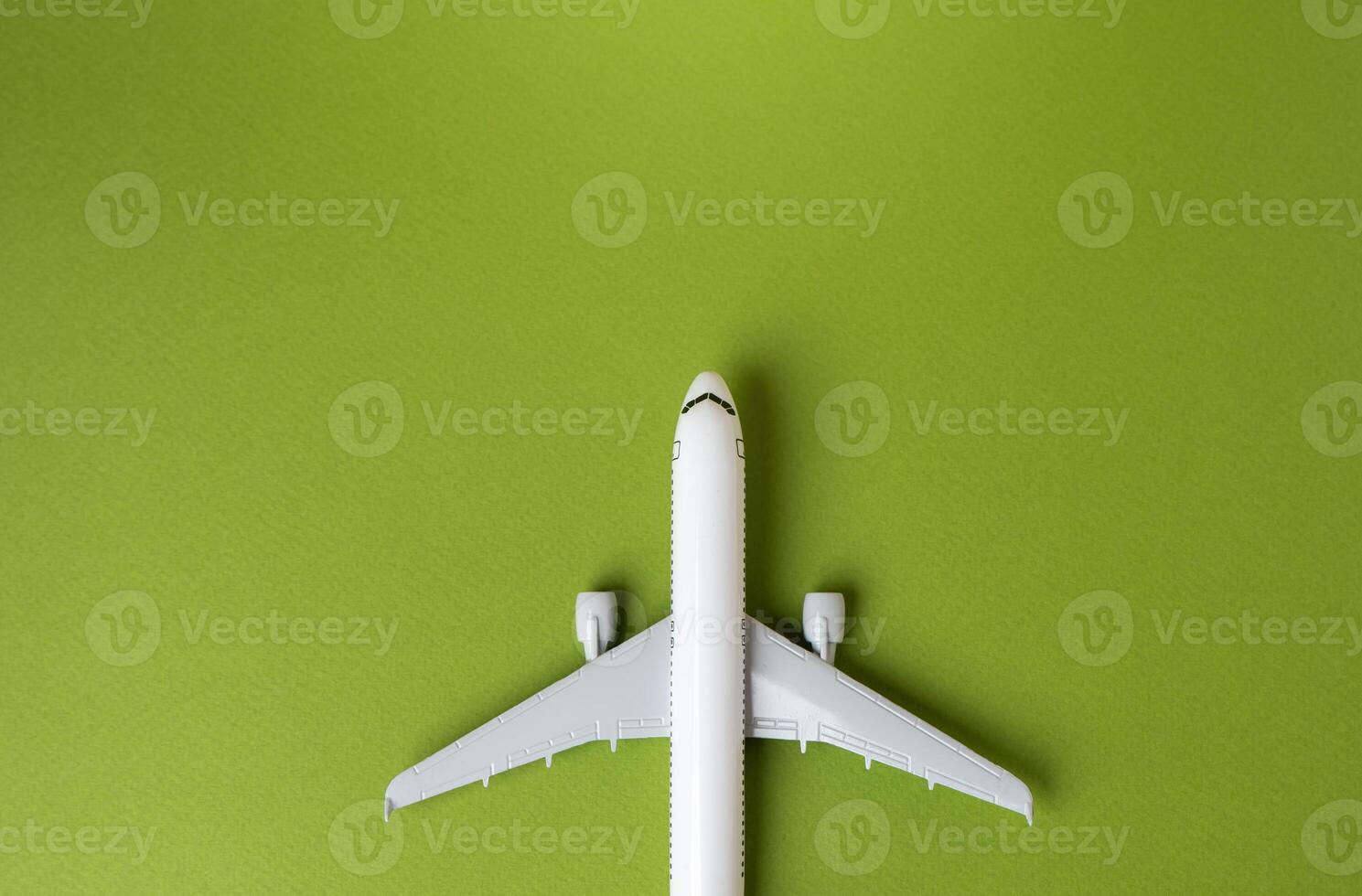 Airline plane top view on green background. Business and tourism. Airline. World communication and commercial flights. Arrival and departure. Passenger transportation. Ecology and success concept. photo
