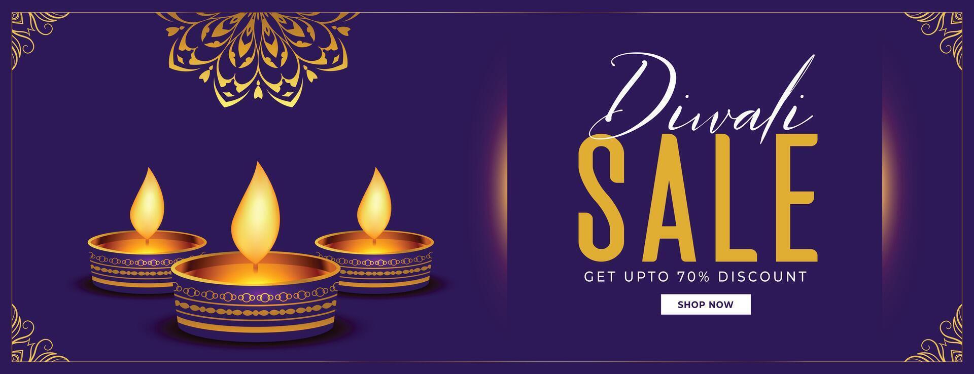 premium happy diwali sale banner with golden diya in purple background vector