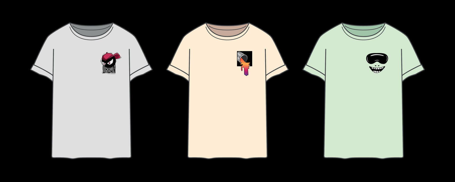 camisetas con Tres diferente ilustraciones en bolsillo tamaño, vector diseños