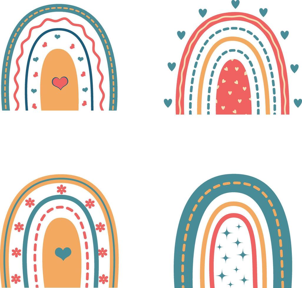Hand Drawn Boho Rainbow. Isolated Element on White Background. Scandinavian Style, Cartoon Vector Illustration.