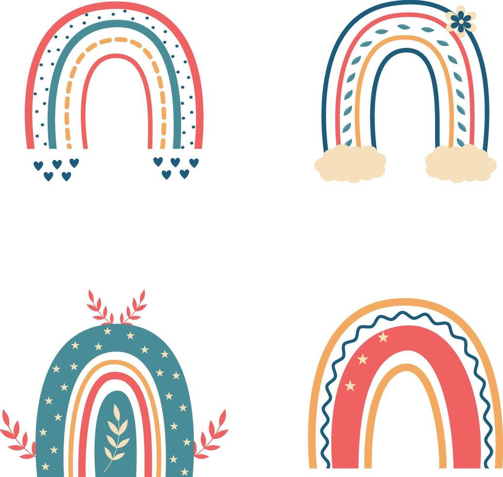 Hand Drawn Boho Rainbow. Isolated Element on White Background. Scandinavian Style, Cartoon Vector Illustration.