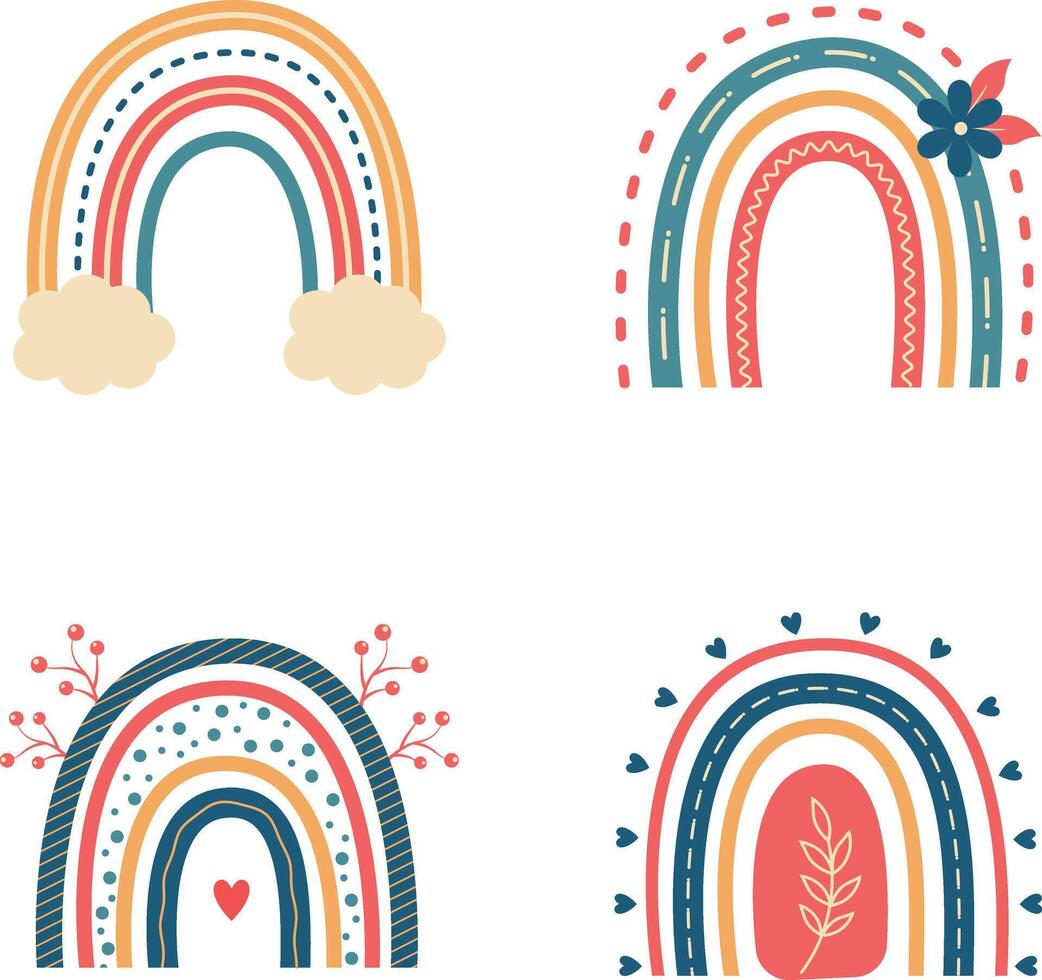 Hand Drawn Boho Rainbow. Isolated Element on White Background. Scandinavian Style, Cartoon Vector Illustration.