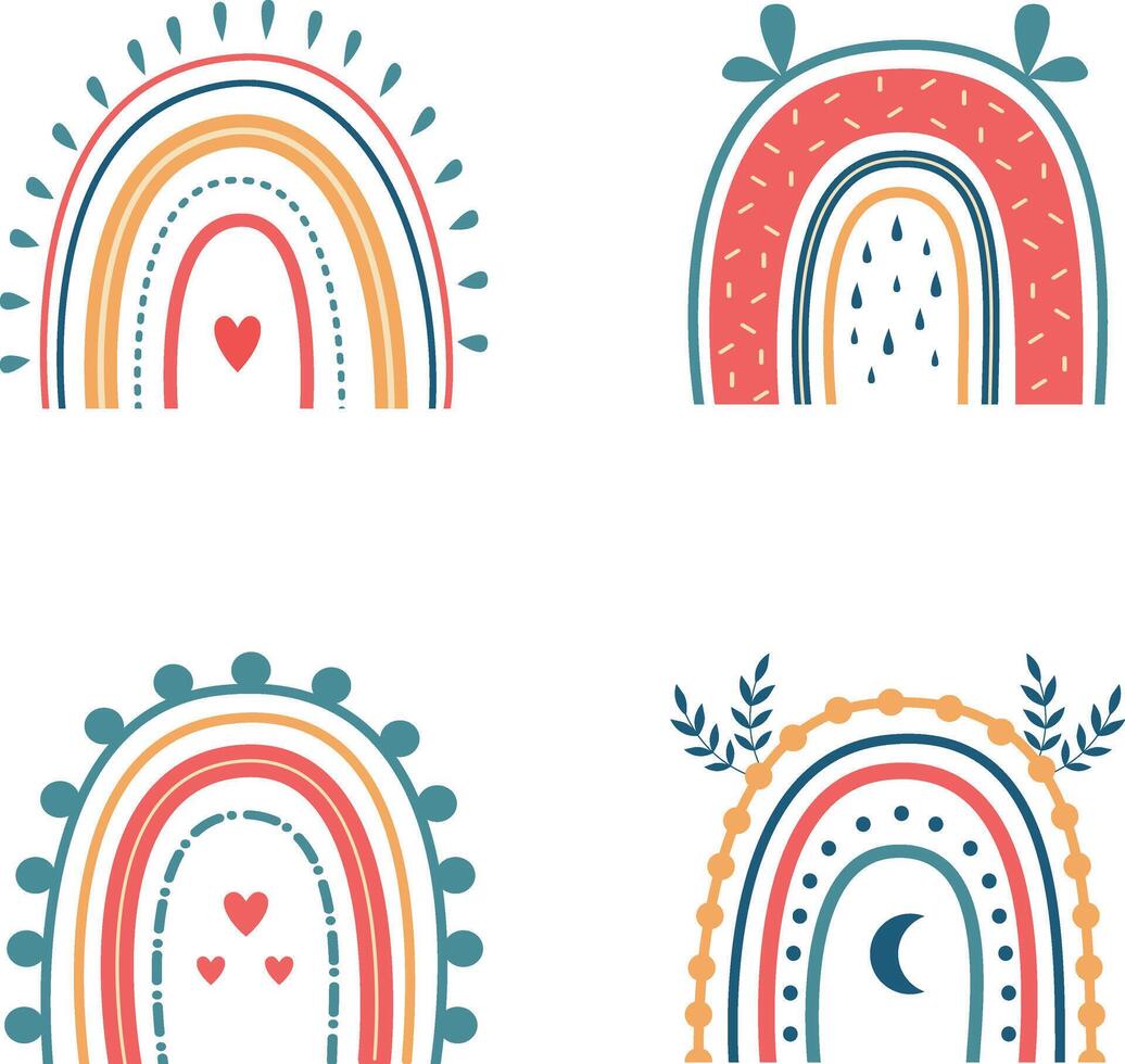 Hand Drawn Boho Rainbow. Isolated Element on White Background. Scandinavian Style, Cartoon Vector Illustration.