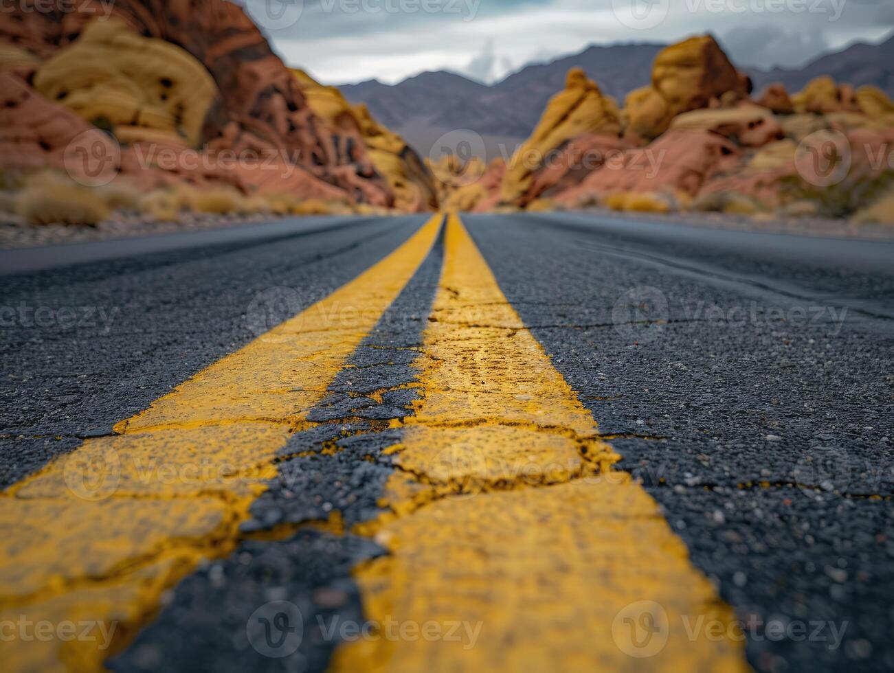 AI generated Road in the desert, yellow traffic line photo