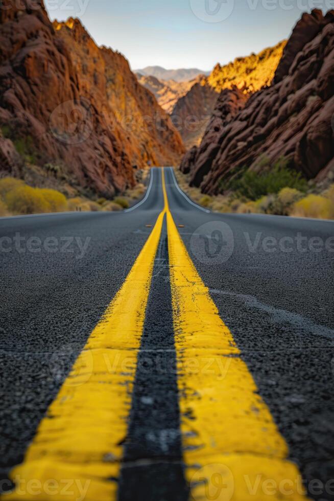 AI generated Road in the desert, yellow traffic line photo