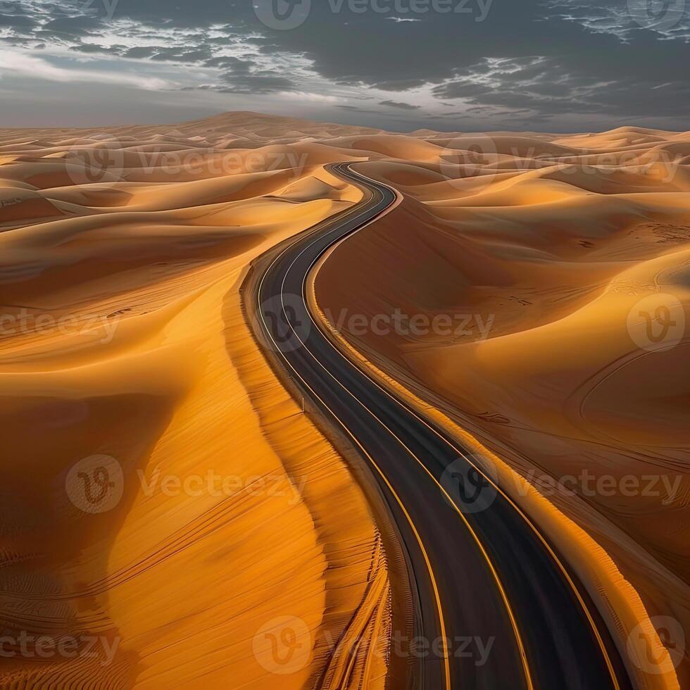 ai generado la carretera en el desierto, amarillo tráfico línea foto