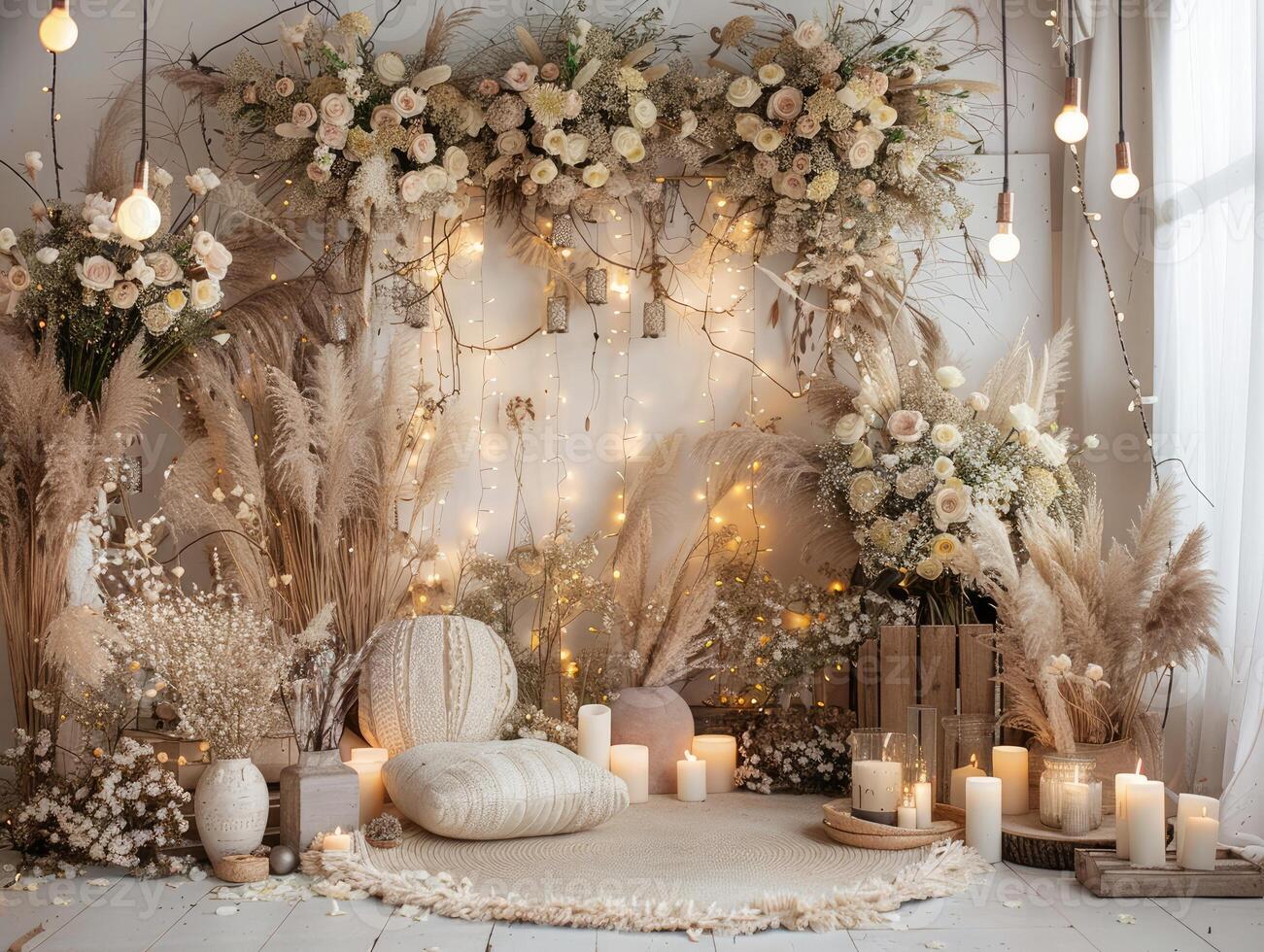 AI generated backdrop for beige boho photoshoot in yellow lights and white flowers photo