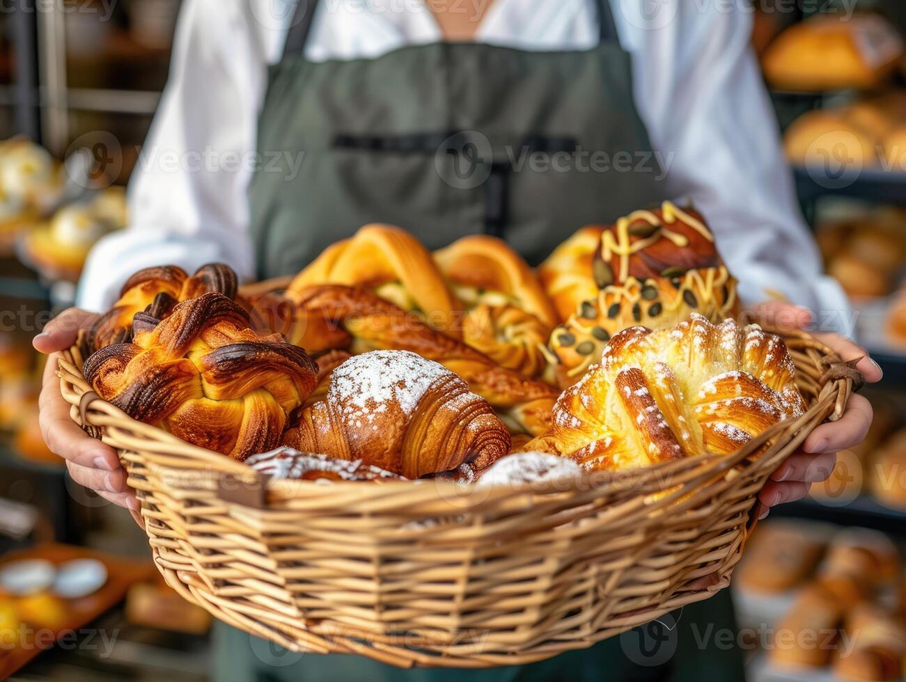 AI generated Close-up woman holding wicker basket with many different pastries photo