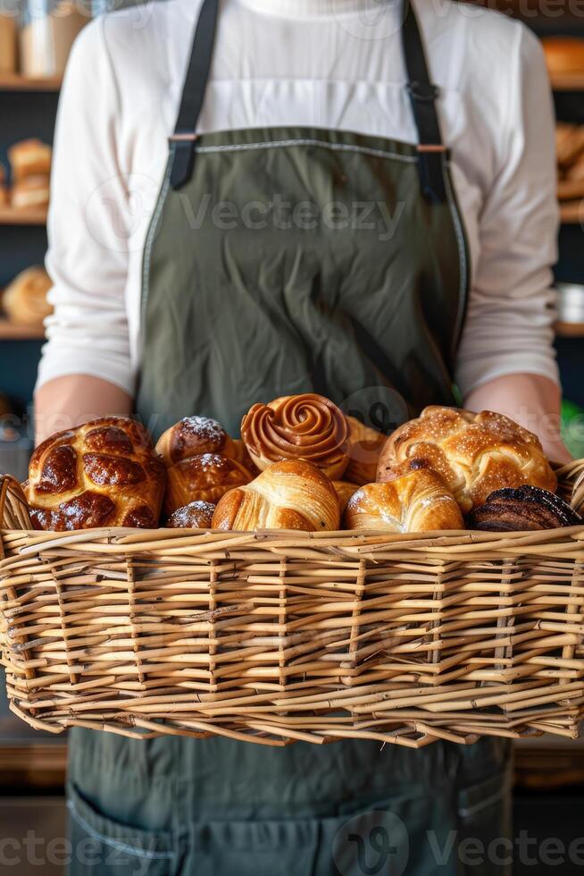 AI generated Close-up woman holding wicker basket with many different pastries photo