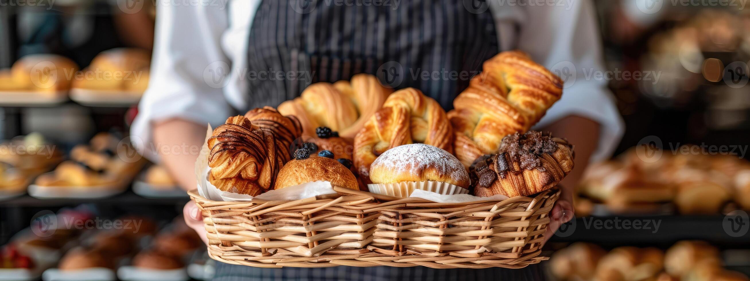 AI generated Close-up woman holding wicker basket with many different pastries photo