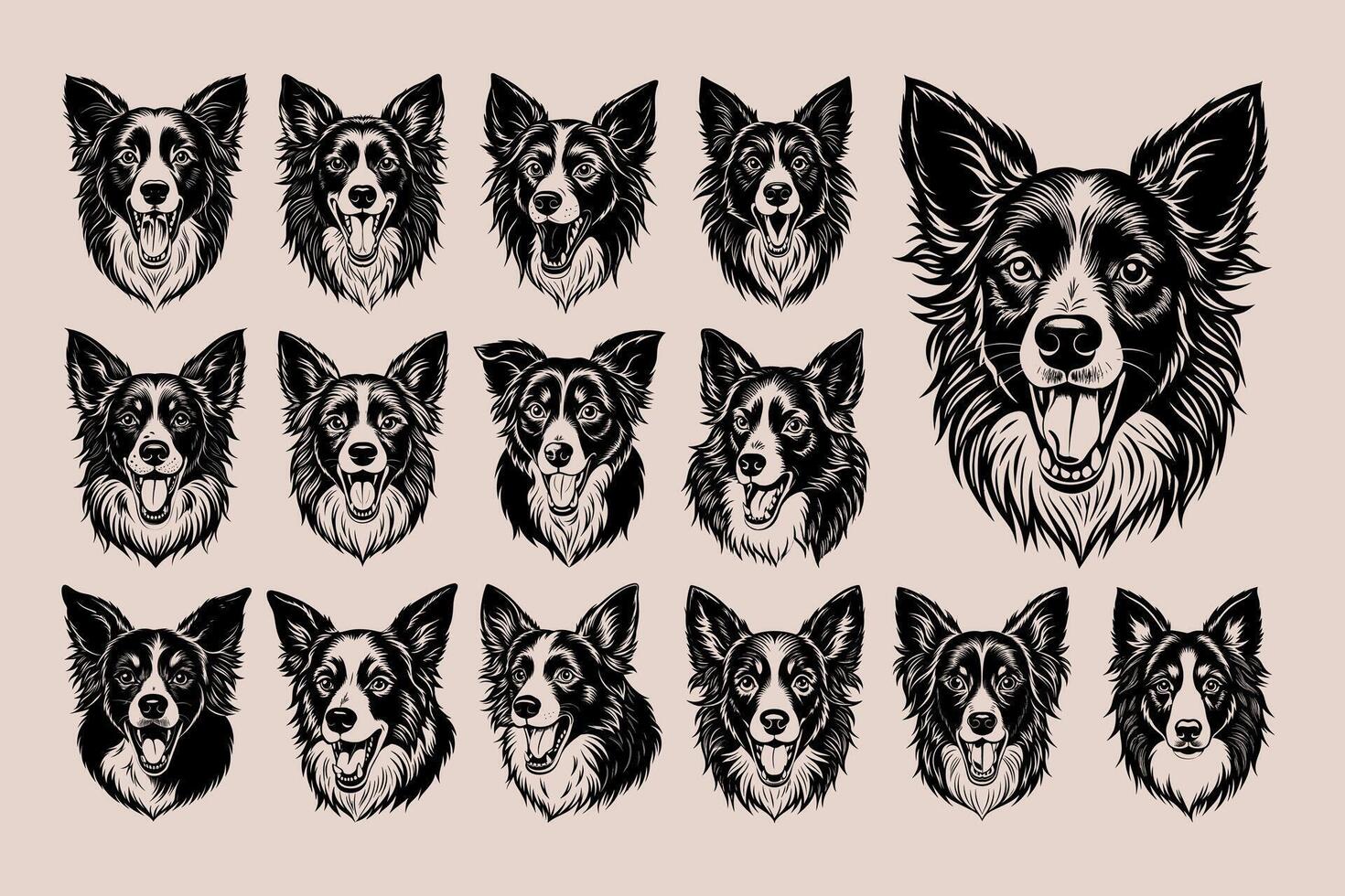 AI generated Barking border collie dog head illustration design bundle vector