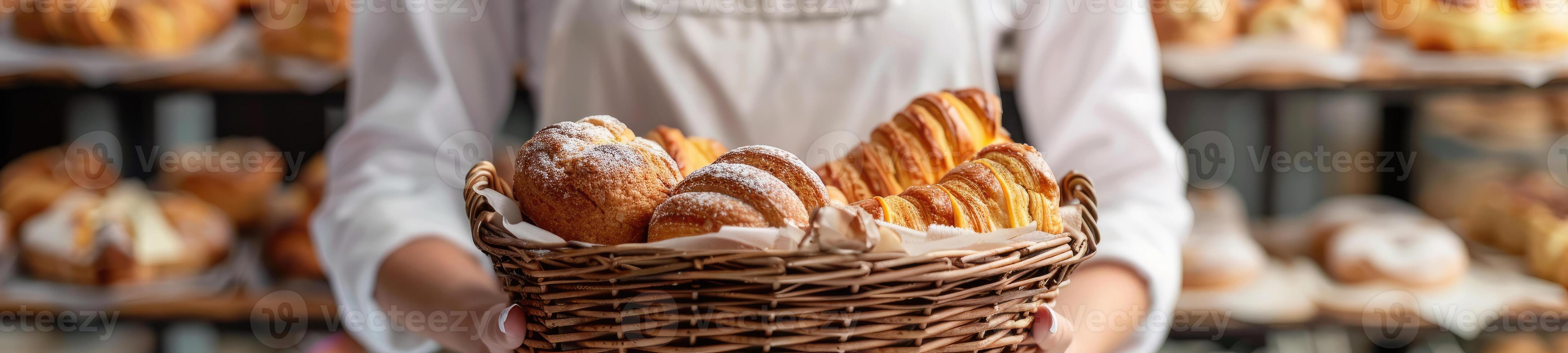 AI generated Close-up woman holding wicker basket with many different pastries photo