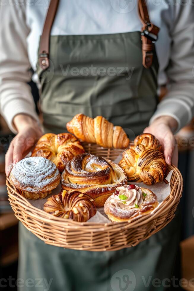 AI generated Close-up woman holding wicker basket with many different pastries photo