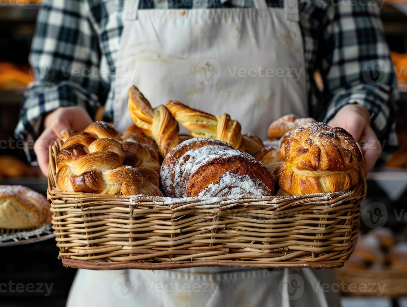 AI generated Close-up woman holding wicker basket with many different pastries photo