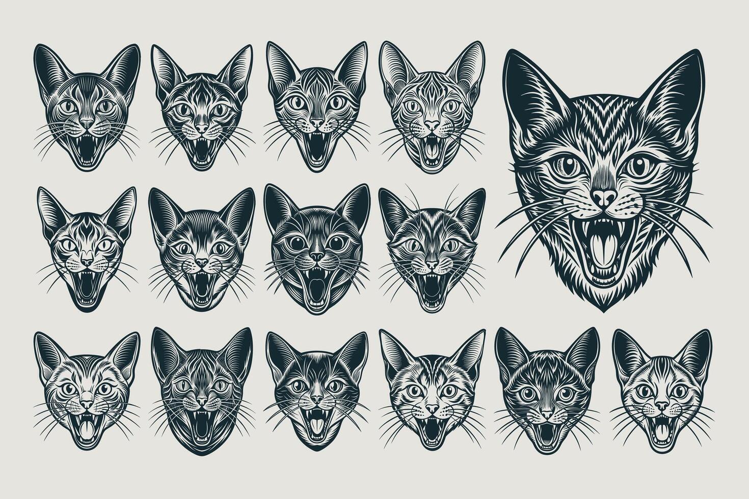 AI generated Silhouette of meowing singapura cat head design vector set