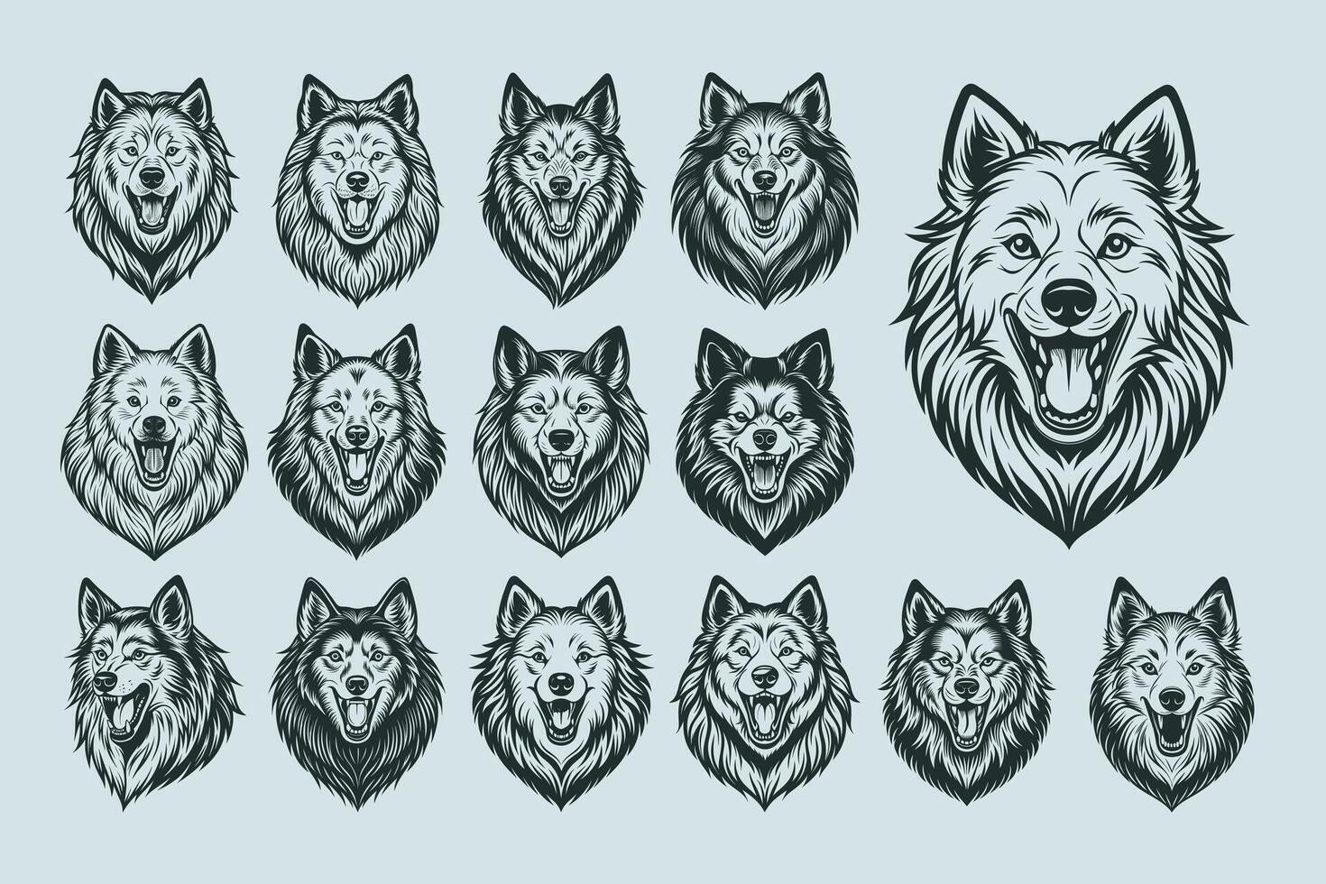 AI generated Collection of barking Samoyed dog head illustration design vector