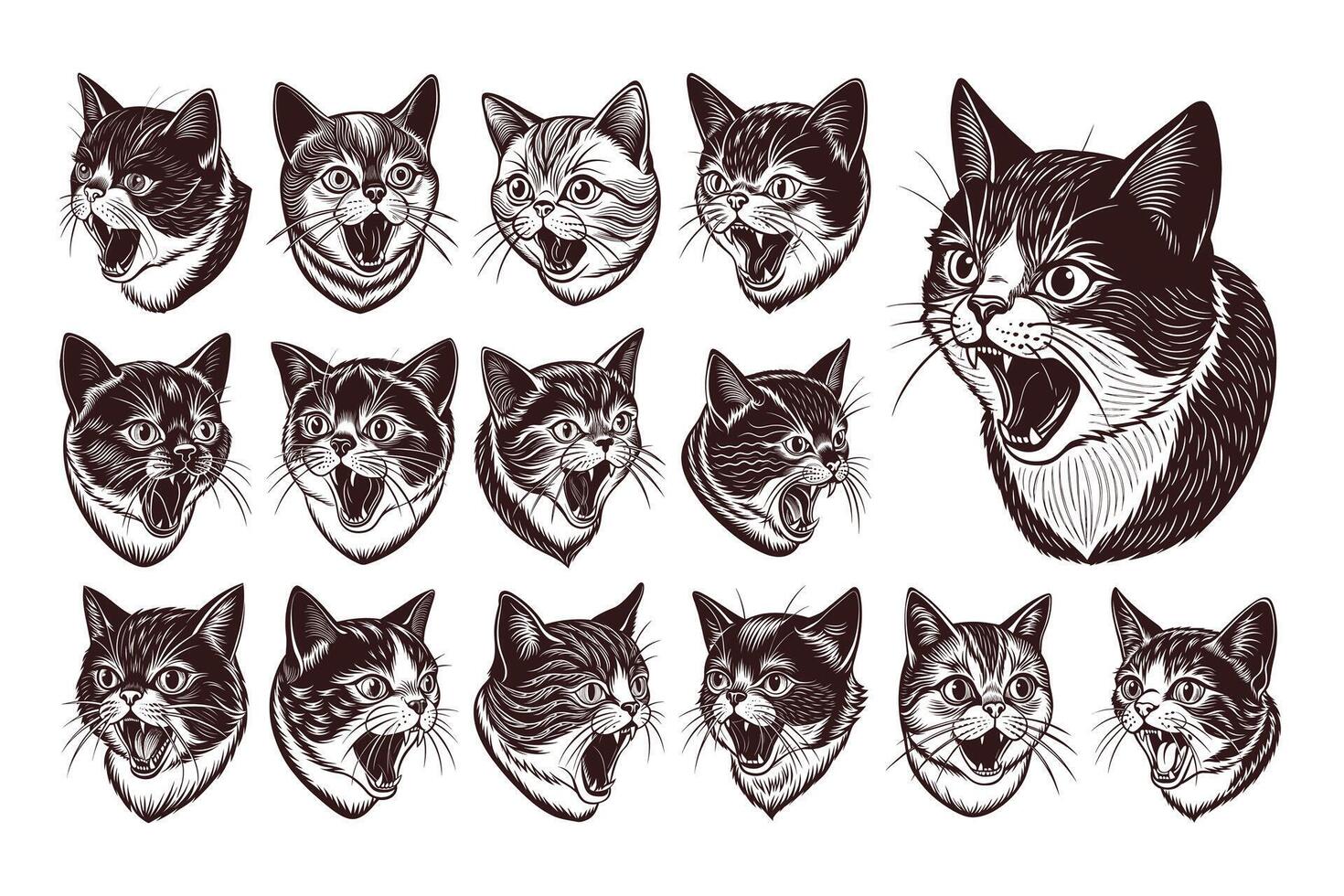 AI generated Side view meowing exotic shorthair cat head illustration design set vector