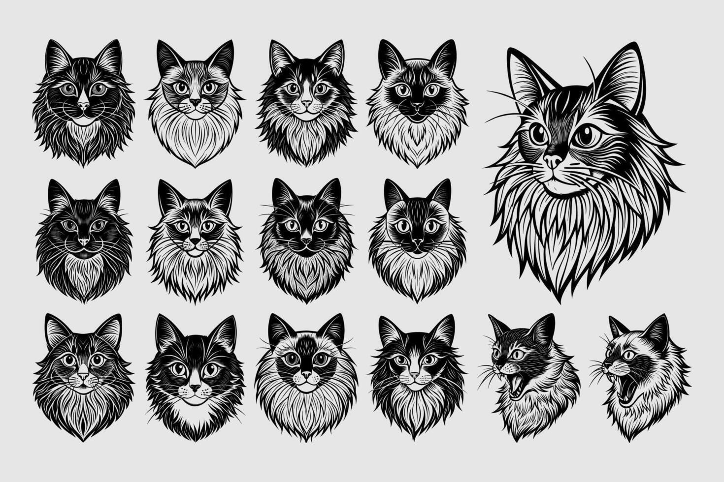 AI generated Silhouette of flat ragdoll cat head illustration design set vector