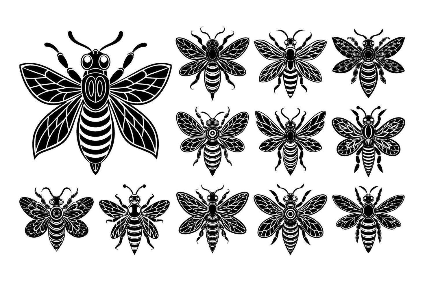 AI generated Flat engraving honey bee illustration design set vector