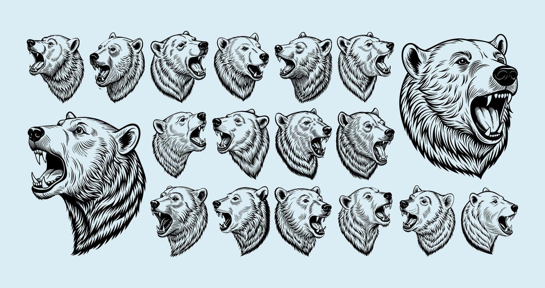 AI generated Hand drawn side view roaring polar bear head illustration design set vector