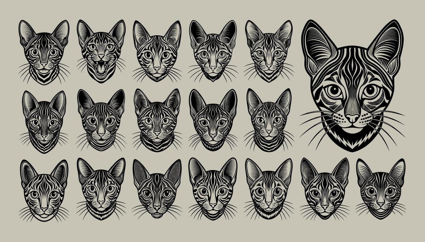 AI generated Hand drawing detail toyger cat head tshirt design set vector