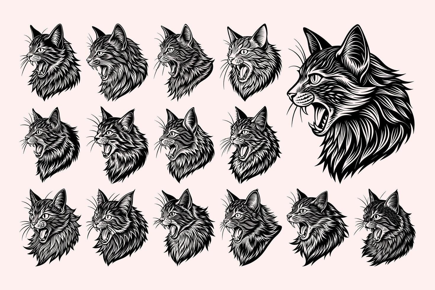AI generated Funny meowing maine coon cat head in side view design vector set