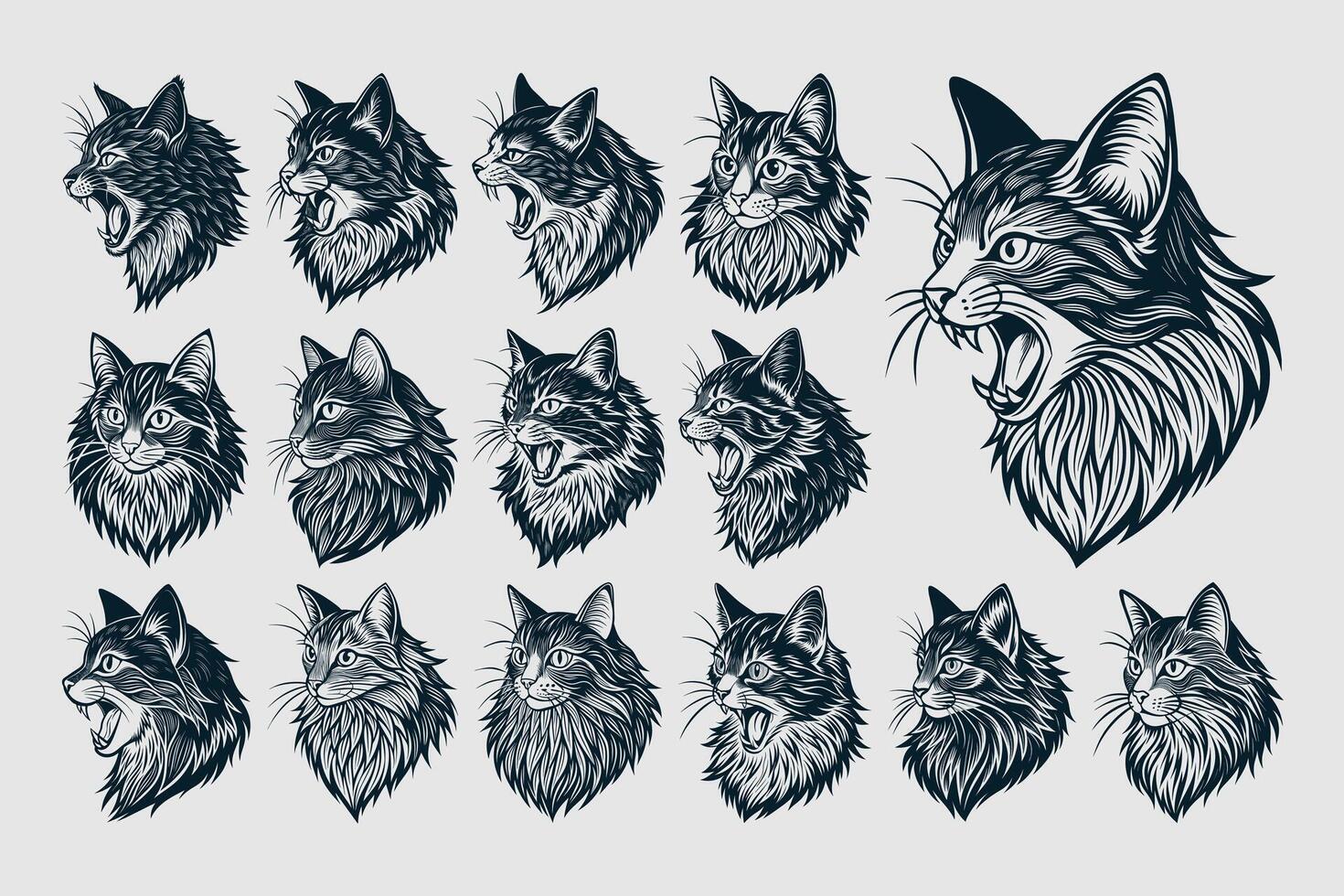 AI generated Cute meowing norwegian forest cat head in side view design vector set