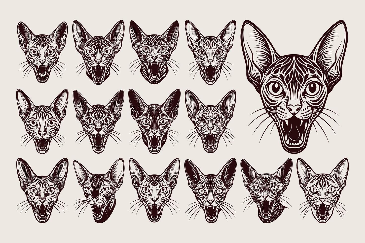 AI generated Bundle of drawing meowing oriental shorthair cat head illustration design vector