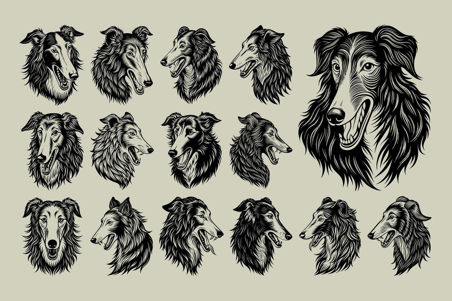 AI generated Barking borzoi dog head silhouette design template set vector