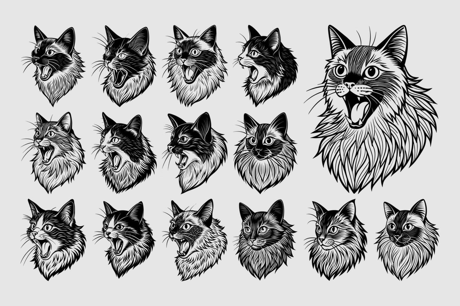 AI generated Bundle of detailed flat side view ragdoll cat head tshirt design vector