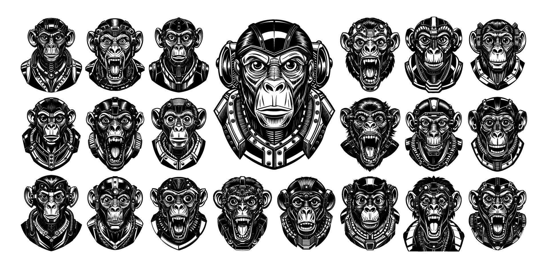 AI generated Modern monkey cyborg head tshirt illustration design set vector