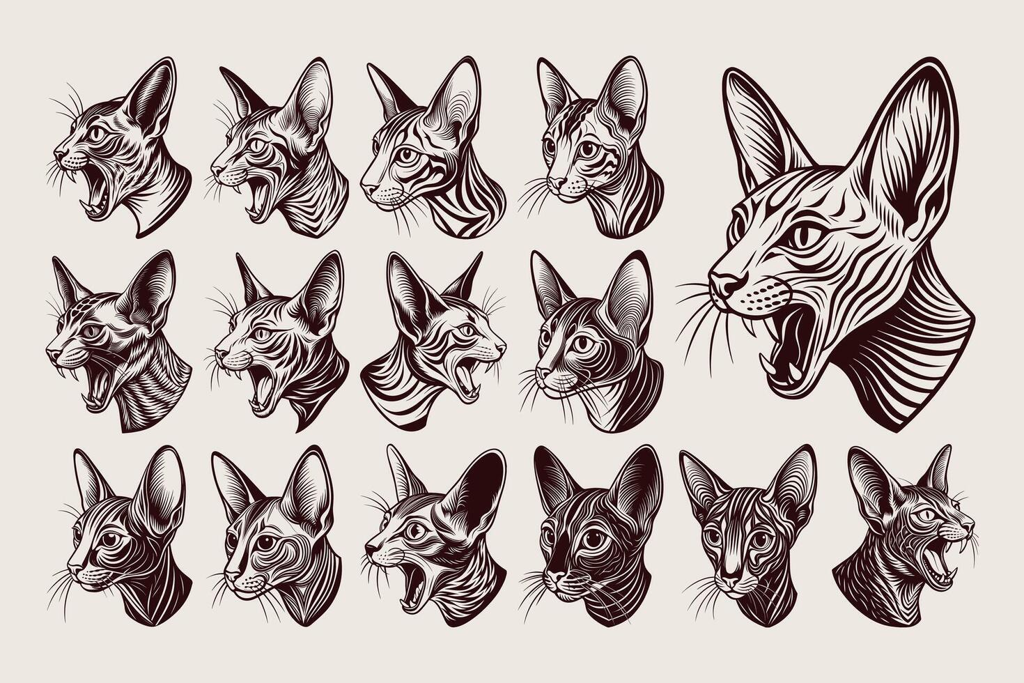 AI generated Flat detailed side view meowing oriental shorthair cat head illustration set vector