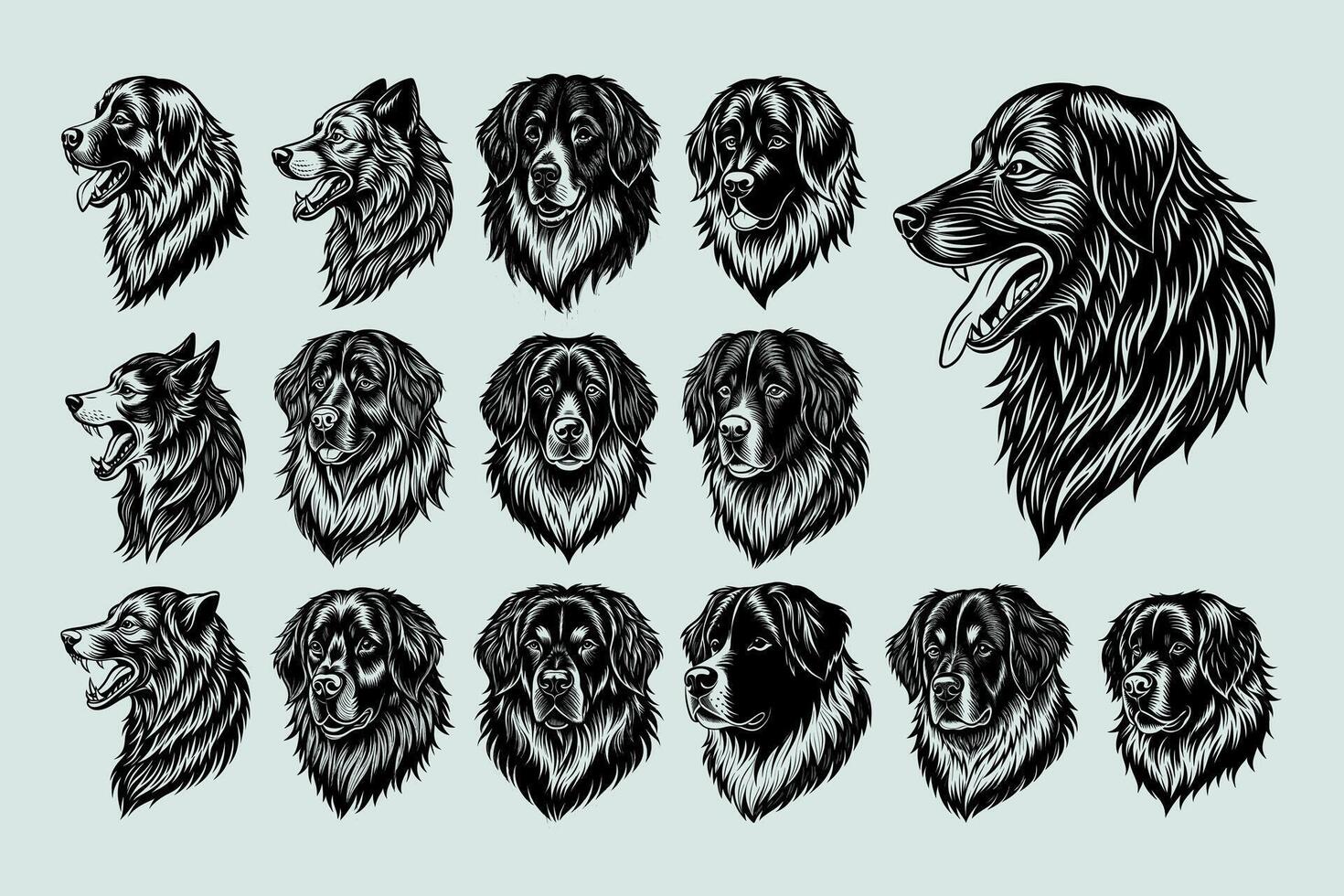 AI generated Flat detailed hand drawn side view newfoundland dog head design set vector