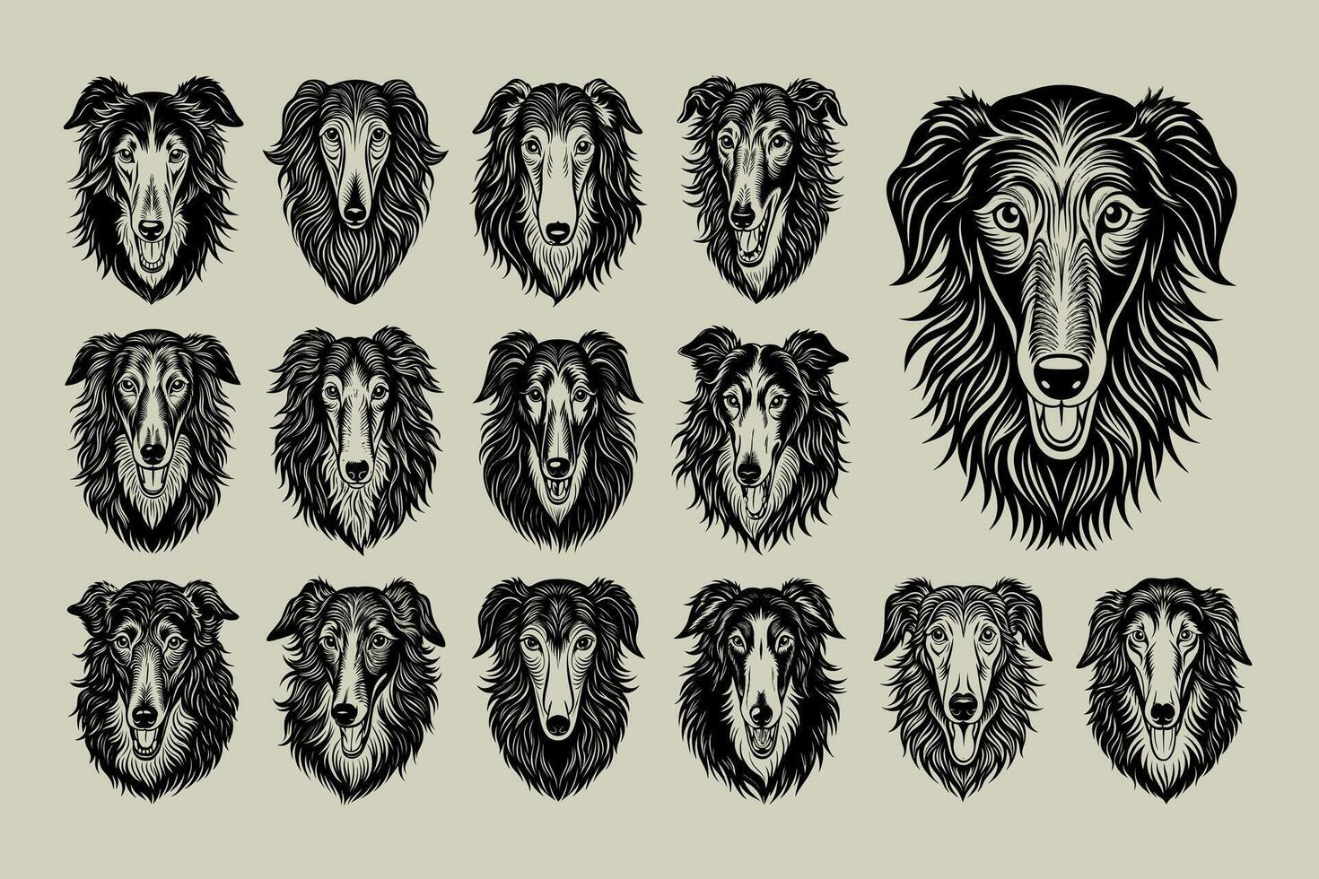 AI generated Front view flat engraving barking borzoi dog head illustration set vector