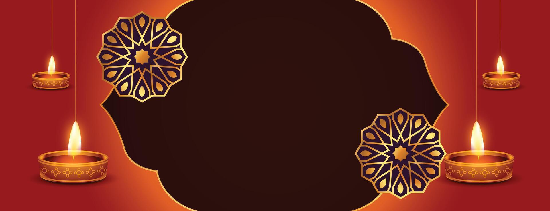 happy diwali banner in indian style with hanging diya and text space vector