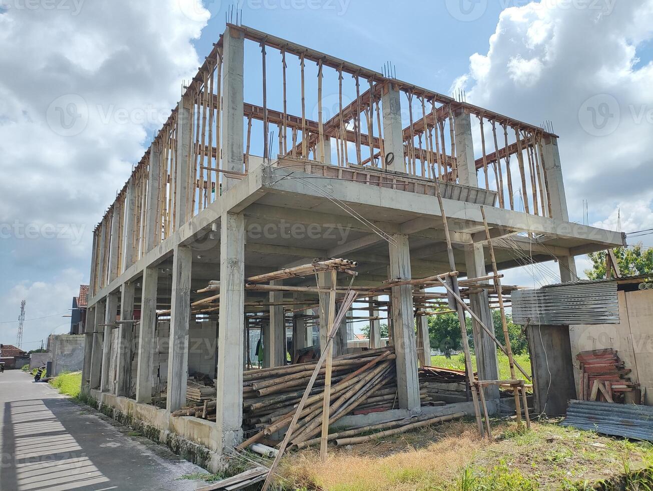 construction of a new house with scaffolding on the ground. photo