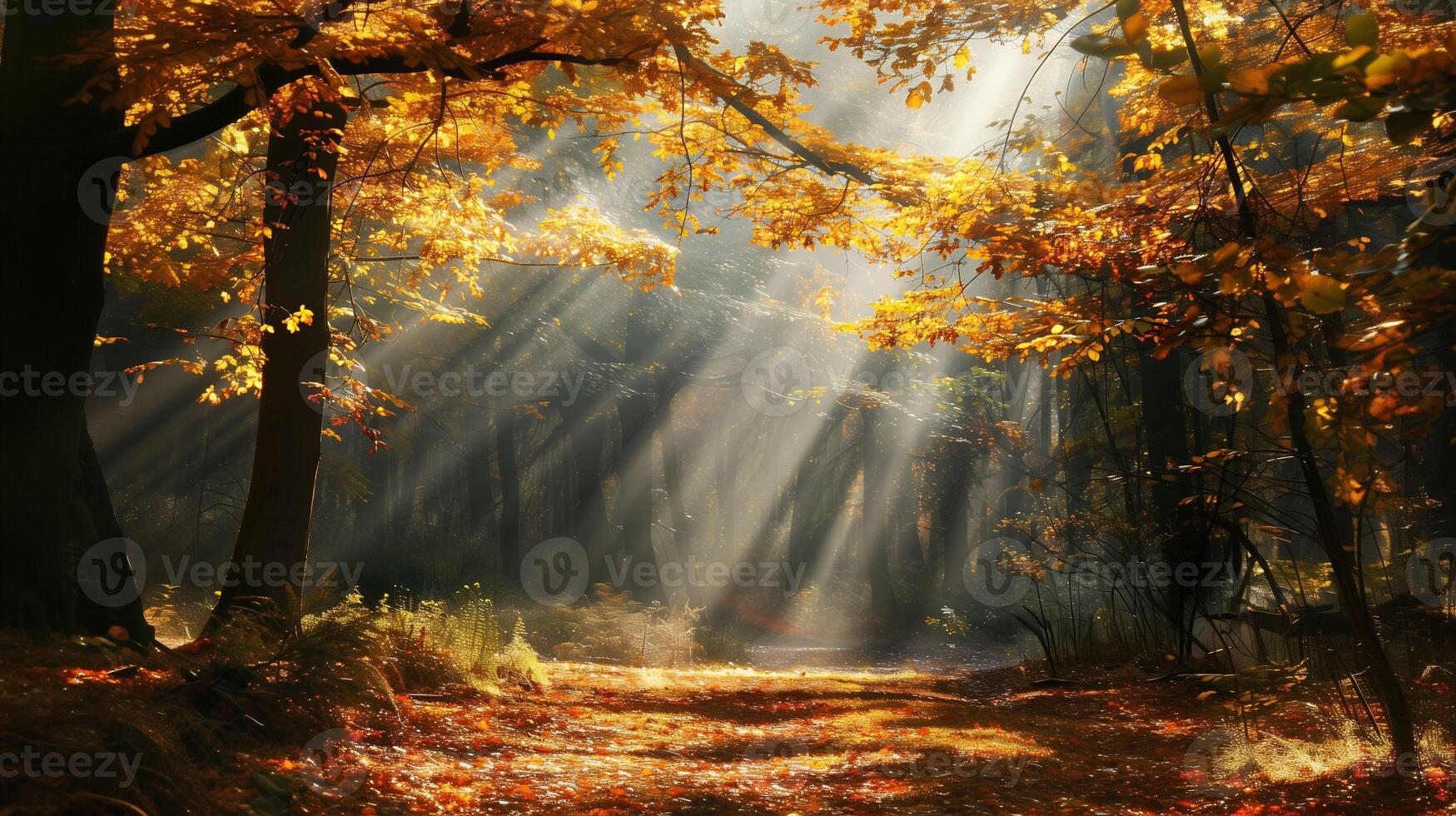 AI generated Sunlight warms a forest path framed by colorful autumn leaves. photo