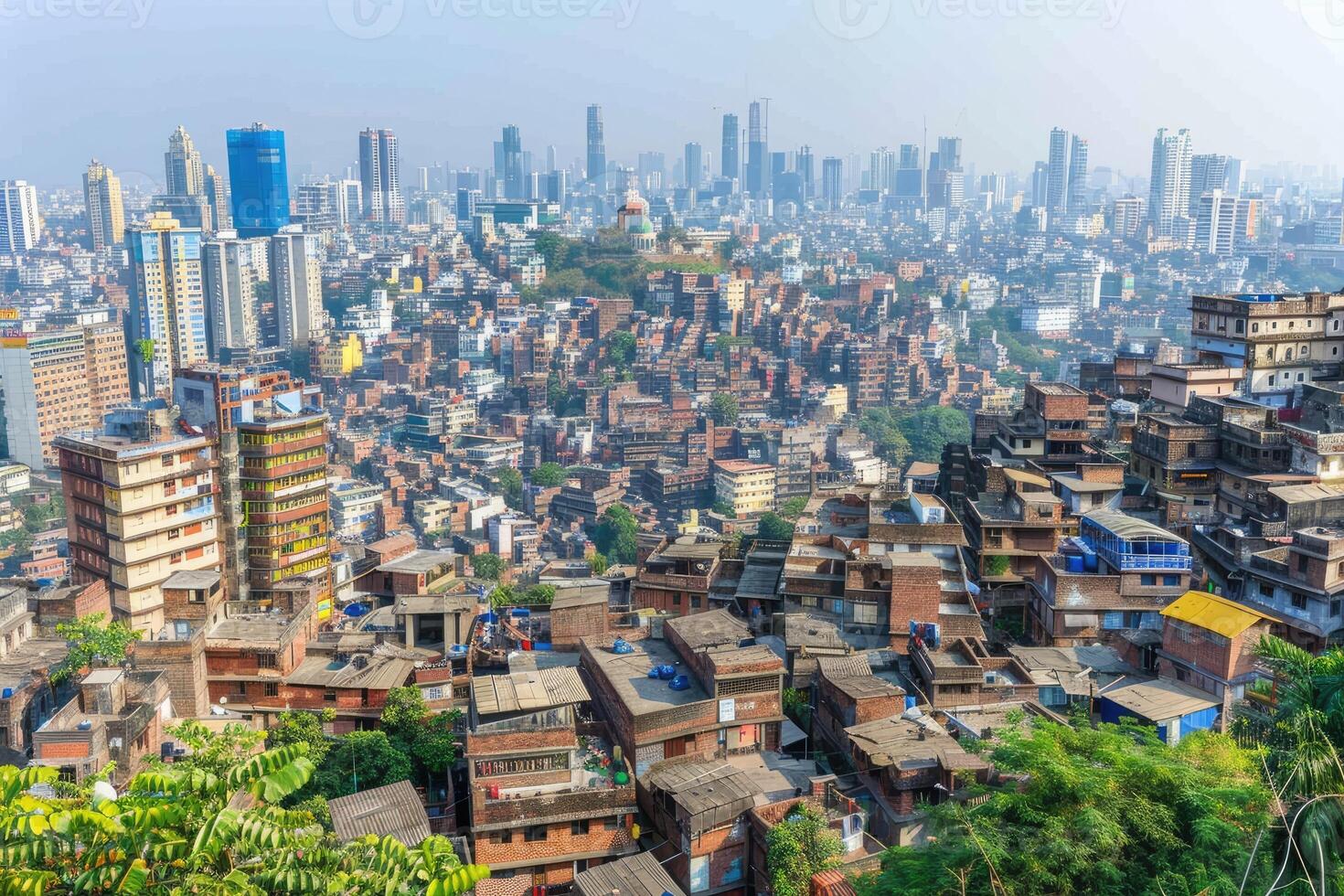 ai generado barrio bajo areas y pobreza detrás Alto edificios en el ciudad profesional fotografía foto