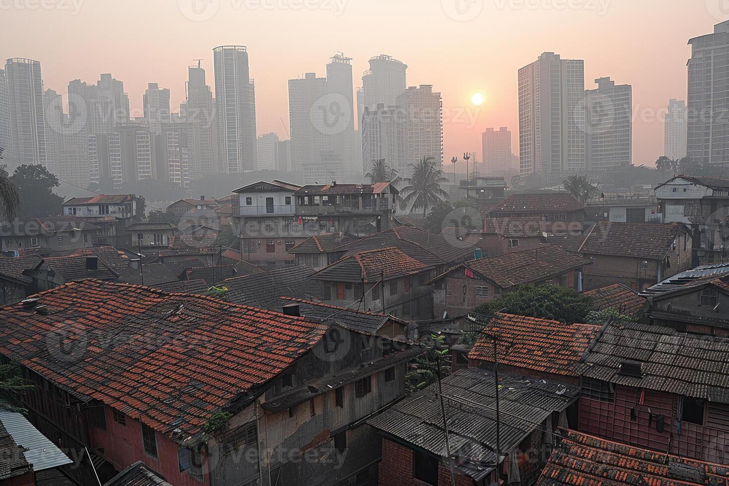 AI generated slum areas and poverty behind highrise buildings in the city professional photography photo