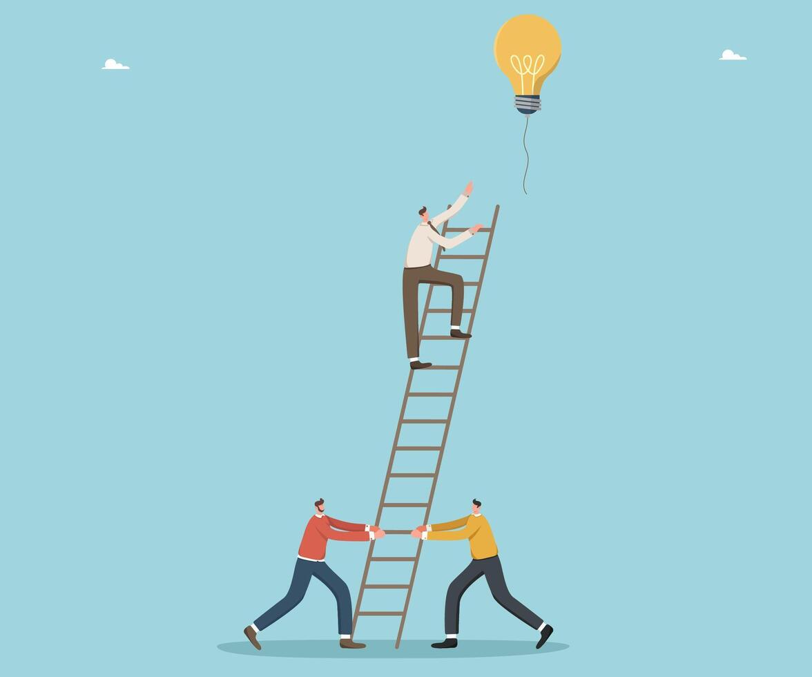 Man on stepladder reaches for light bulb balloon vector