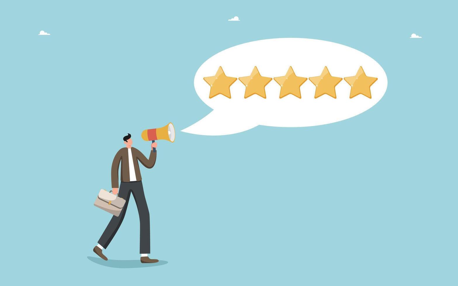 Speech bubble with five-star rating comes out of loudspeaker vector