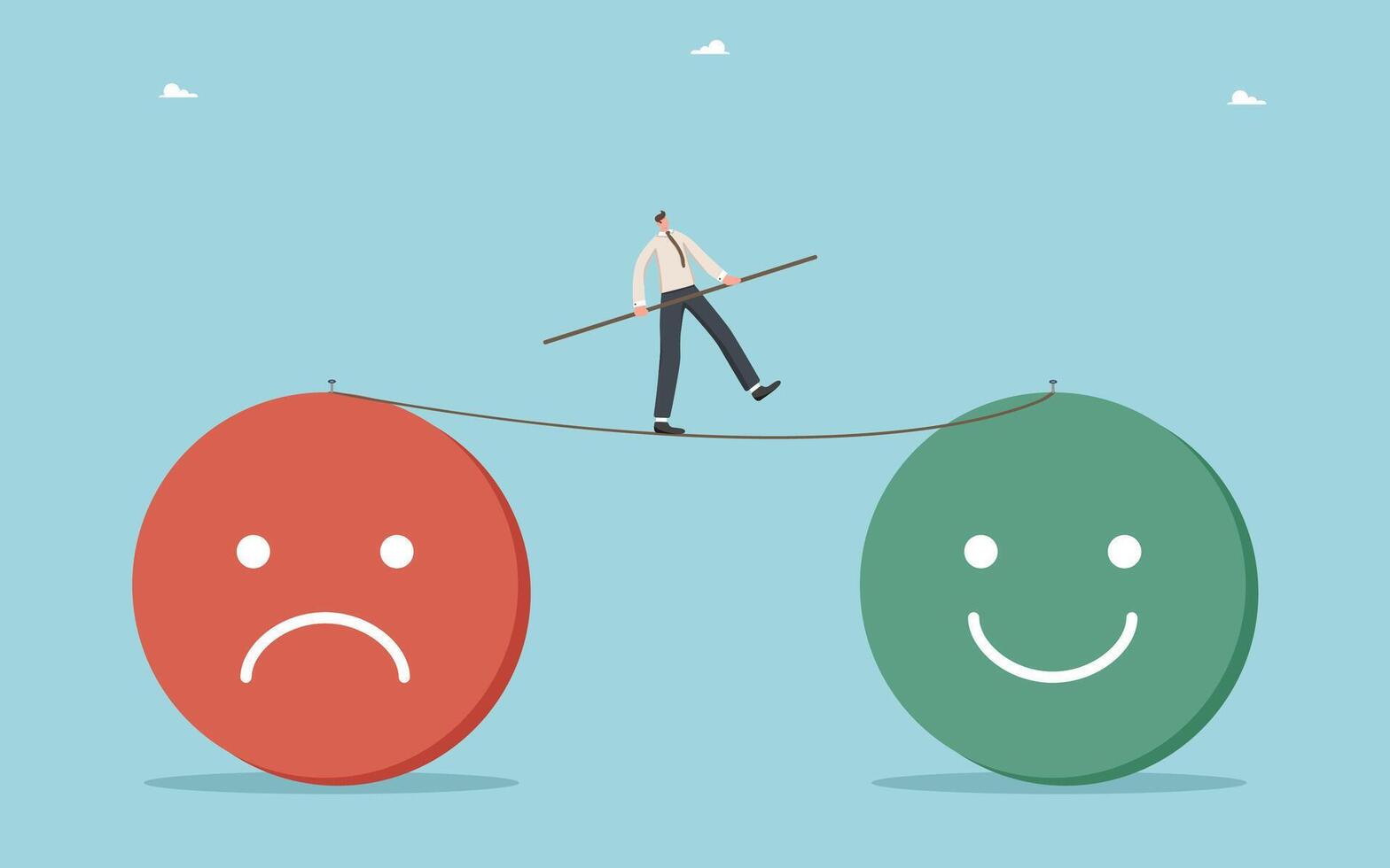 Man walks tightrope from sad emoji to smiling emoji vector