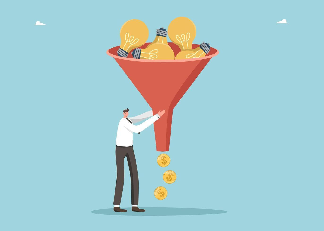 Man using funnel makes money with light bulbs vector