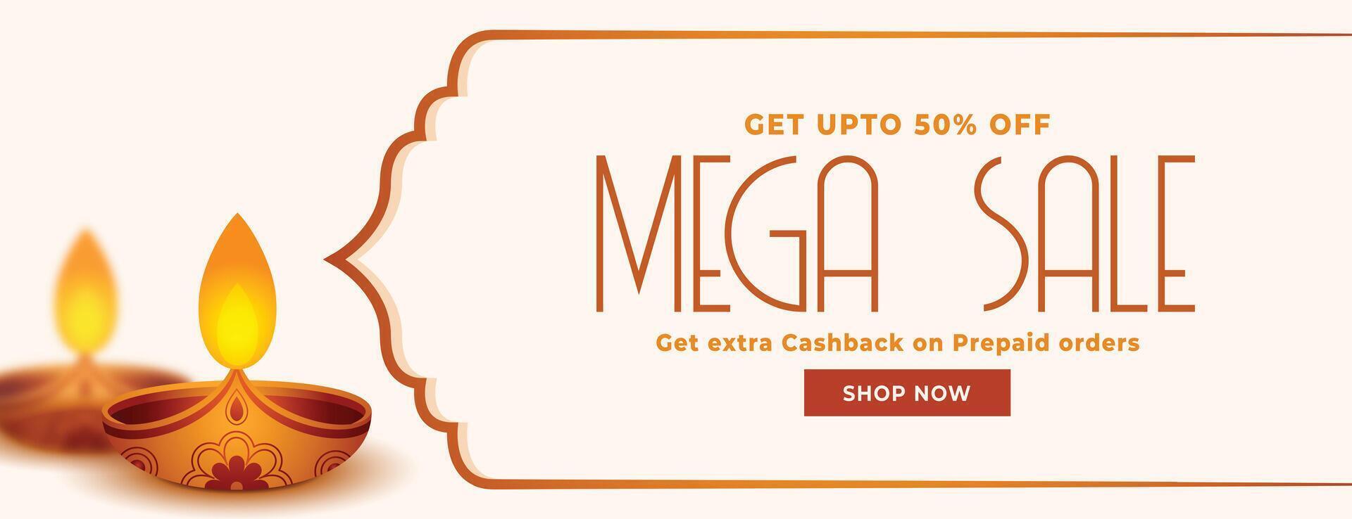mega sale diwali banner with offer details and isolated diya design vector