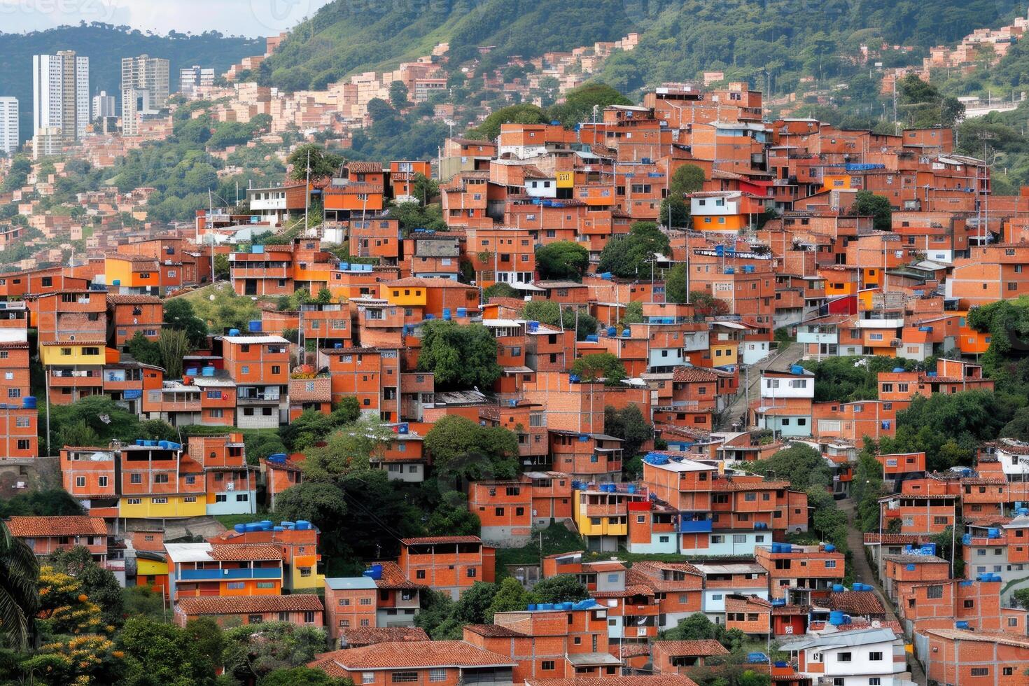 ai generado barrio bajo areas y pobreza detrás Alto edificios en el ciudad profesional fotografía foto